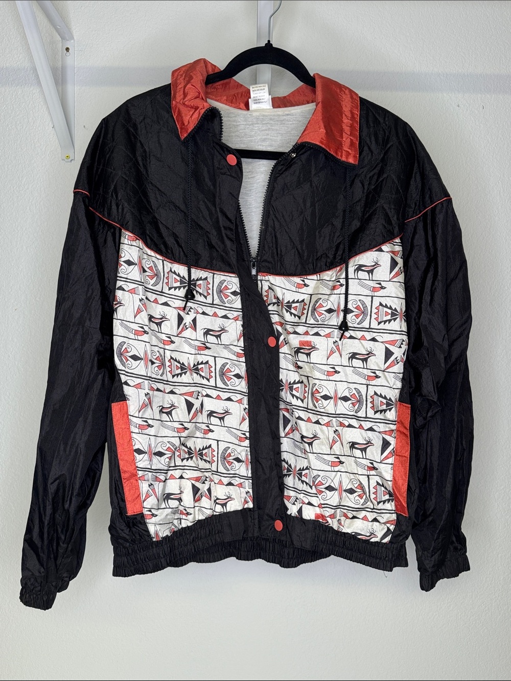 Vintage 1980’s Prospirit Black and Orange Patterned Windbreaker Jacket, size 1X